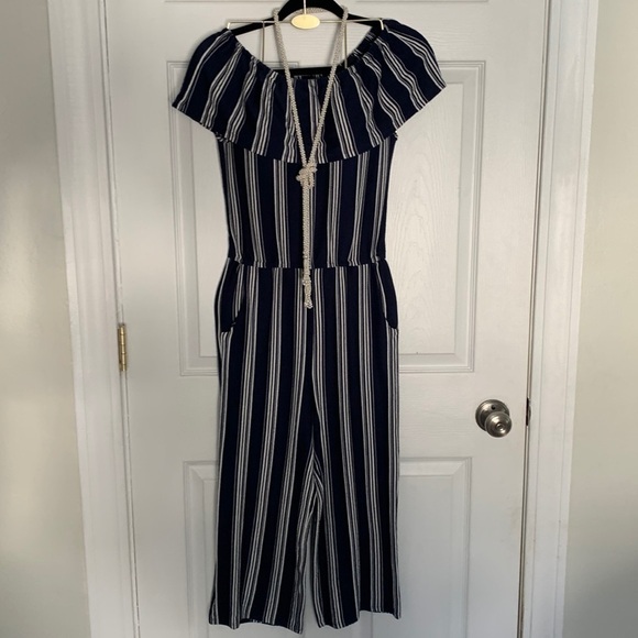 Eyeshadow Pants - Eyeshadow Blue & White Off The Shoulders Jumpsuit Size 10